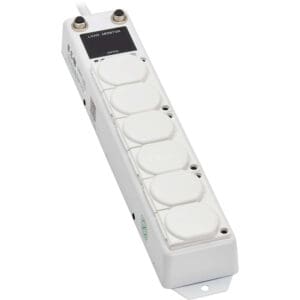 White six-outlet power strip with monitor.
