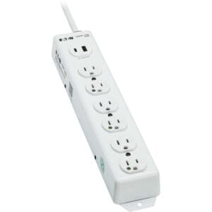 White six-outlet surge protector with USB.