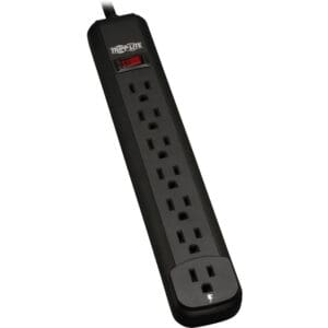 Black Tripp Lite 8-outlet surge protector.