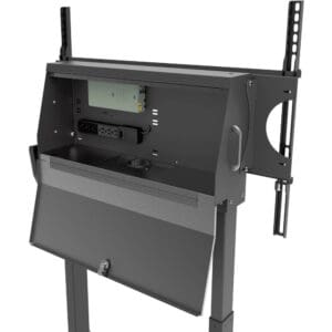 Black TV stand with power and cable management.