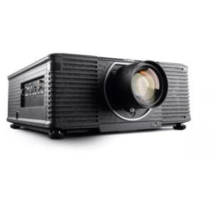 Black high-resolution projector with lens.