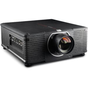 Black high-resolution projector with lens.