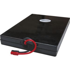 Black rectangular battery pack with wires.