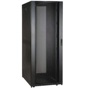 Black server rack with mesh door.