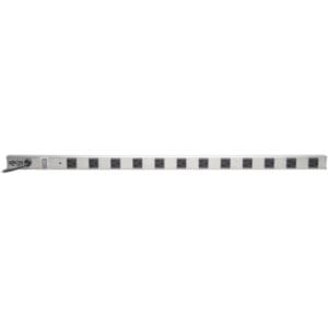 Here's an alt tag for the image: Silver 12-outlet power strip.