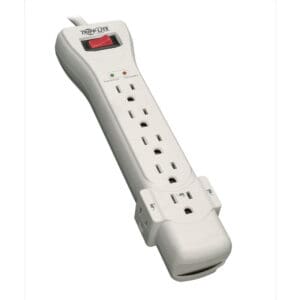 White Tripp-Lite 6-outlet surge protector.