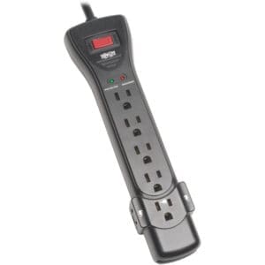 Black Tripp Lite 6-outlet surge protector.