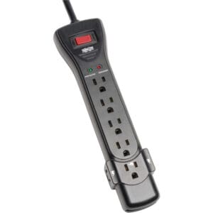 Black six-outlet surge protector power strip.