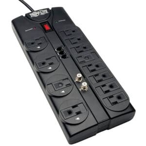 Black Tripp Lite surge protector power strip.
