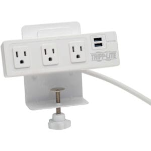 White Tripp-Lite power strip with clamp.
