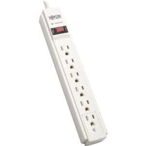 White Tripp-Lite 6-outlet surge protector.