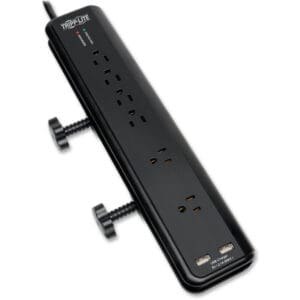 Black Tripp Lite surge protector with USB.
