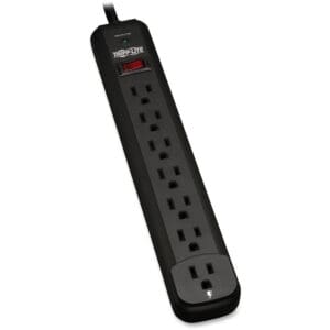 Black Tripp Lite 8-outlet surge protector.