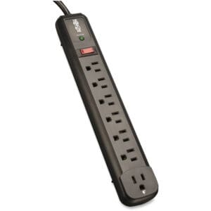 Black Tripp Lite 8-outlet surge protector.