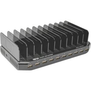 Black 10-port USB charging station.