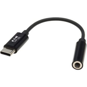 Black USB-C to 3.5mm headphone adapter.