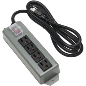 Gray metal four-outlet power strip.