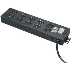 Black Tripp Lite power strip with eight outlets.