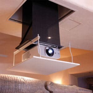 Ceiling-mounted projector with screen.
