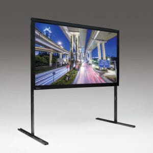 Large projector screen on stand.