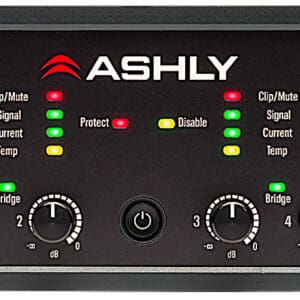 Audio amplifier with control panel and vents.