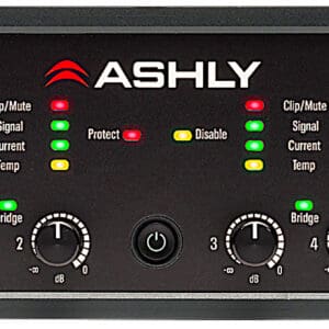 Audio amplifier with control knobs and indicators.