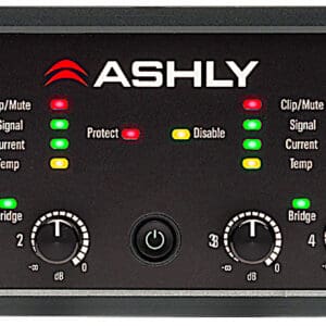 Audio amplifier with control knobs and indicators.