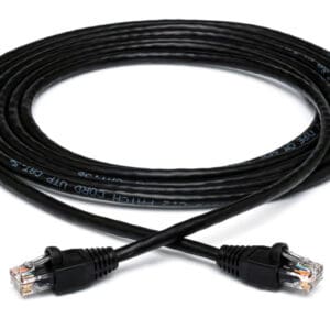 Black Ethernet cable coiled with connectors visible.