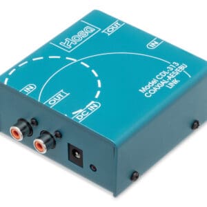 Blue audio converter device with multiple ports.