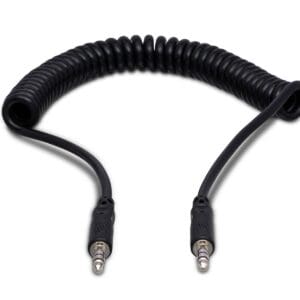 Coiled black audio cable with connectors.