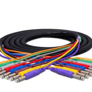 Colorful audio cables with multiple connectors.