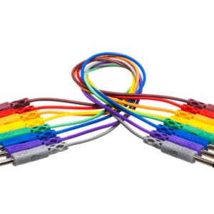 Colorful audio cables arranged in a loop.
