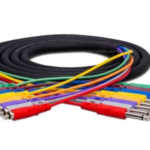Colorful audio cables with multiple connectors.