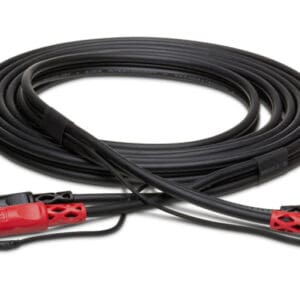 Coiled black audio cables with RCA connectors.