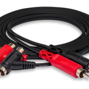 Red and black RCA audio cables coiled.