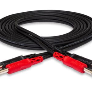 Black audio cables with red connectors.
