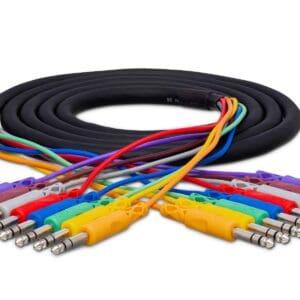 Colorful audio cables with various connectors.