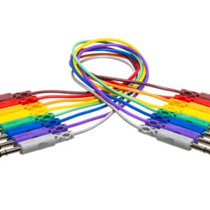 Colorful audio cables arranged in a loop.
