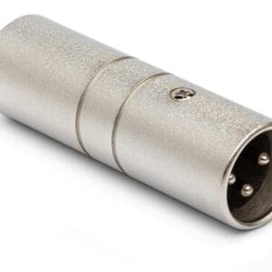 Silver XLR male audio connector close-up.