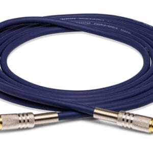 Blue coaxial cable with gold-plated connectors.
