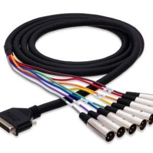 Multicolored audio cable with multiple connectors.