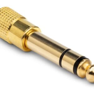 Gold audio jack adapter on white background.