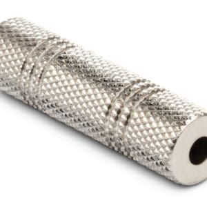 Metallic knurled cylinder with hollow center.