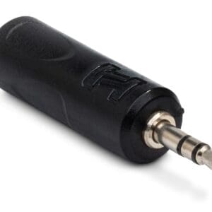 Black audio jack adapter on white background.