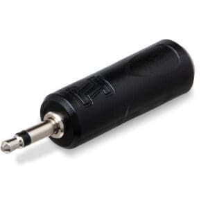 Black audio jack adapter on white background.