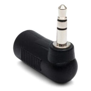 Black audio jack adapter on white background.