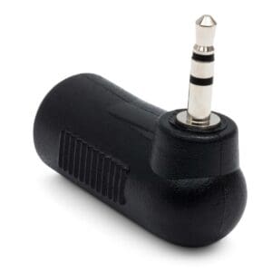Black audio adapter with a stereo plug.
