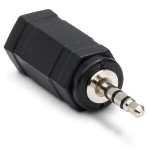 Audio jack adapter with black casing.