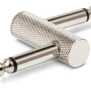 Metal audio jack connector with textured grip.