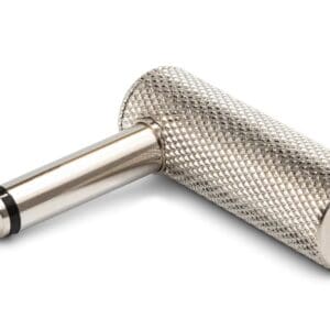 Silver right-angle audio adapter plug.